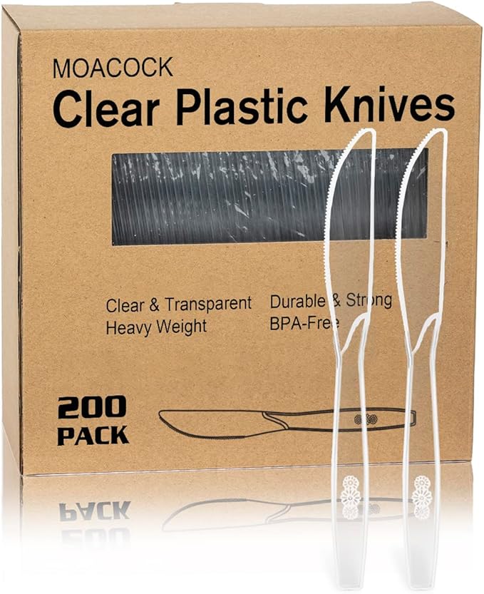 200 Count Clear Plastic Knives, Heavy Weight Disposable Spoons Cutlery Plastic Utensils, Clear PlasticSilverware Bulk