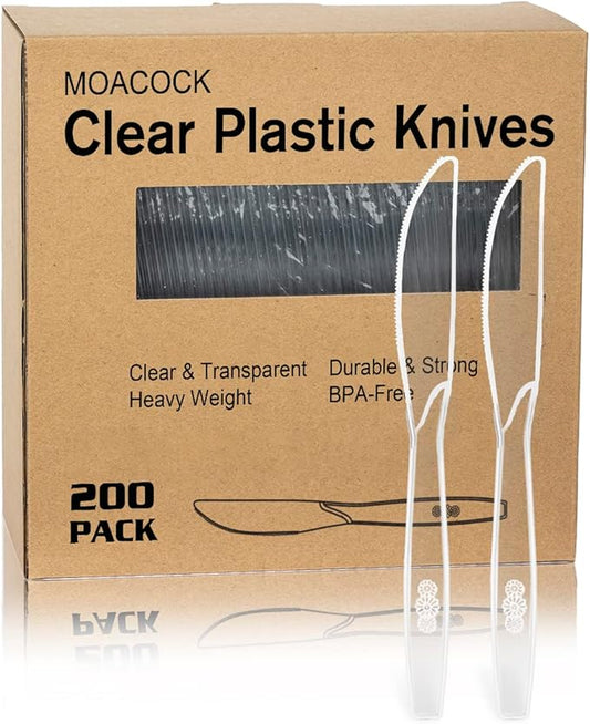200 Count Clear Plastic Knives, Heavy Weight Disposable Spoons Cutlery Plastic Utensils, Clear PlasticSilverware Bulk