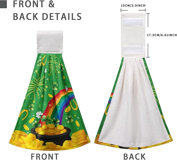 St. Patrick's Day Hanging Kitchen Towels Shamrock Lucky Rainbow Hand Towel with Loop St Patricks Day Gold Coin Dish Tea Tie Towels Soft Absorbent Green Spring Decor for Home Holiday