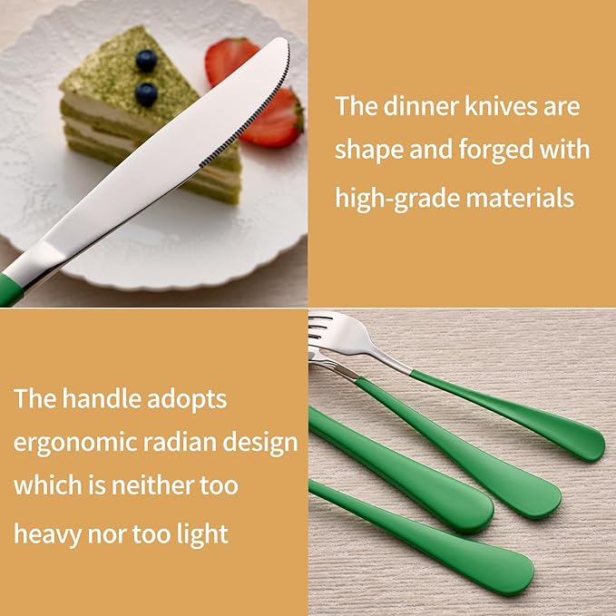 20-Piece Green Silverware Set 18/0 Stainless Steel Silverware Set Green Handle Cutlery Set Service for 4 Dinner Knives Forks Spoons Set Flatware Set Finish Dishwasher Safe…