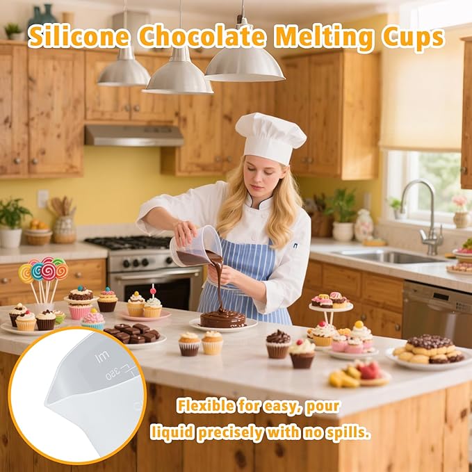 Palksky Silicone Measuring Cups for Melting Chocolate, 6PCS Chocolate Melting Cup with 250 & 350ml Capacity, Reusable Baking Supplies for DIY Chocolate Molds