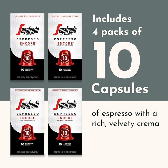 Segafredo Zanetti Espresso Capsules – Aluminum Pods for Nespresso Original Machines – Medium-Dark Roast Premium Espresso with a Rich Aroma – Balanced, Intensity 10 – Encore, 10 Count (Pack of 4)