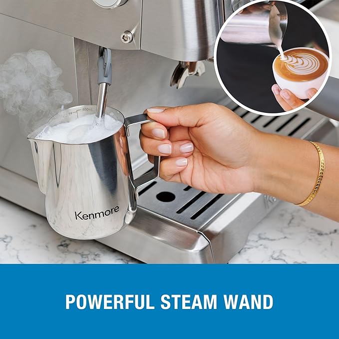 Kenmore Espresso Machine – Automatic Coffee Maker with Manual Tamper, Auto Cleaning, Milk Steamer & Frother, Bean Grinder, Brew Professional Barista Style Cappuccino, Café Latte