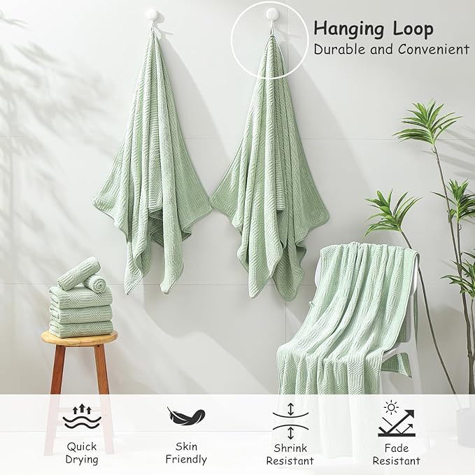 18 Pcs Green Woven Family Towels Set-6 Bath Sheets,6 Hand Towels,6 Washcloths Soft Polyester Towels Absorbent Shower Towel Quick Dry Beach Chair Towel Lint Less Towels Set for Bathroom Spa Gym Hotel