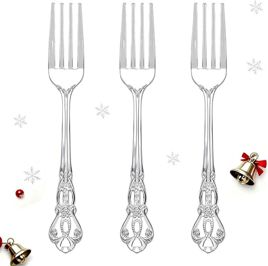 75PCS Silver Plastic Forks - 8.1inch Silver Forks Disposable - Vintage Heavy Duty Dessert Forks - Premium Fancy Plastic Silverware for Parties, Weddings, Dinners and Events