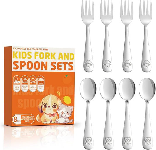 8-Piece Toddler Utensils Set, Food Grade Stainless Steel Kids Silverware Set Including Forks and Spoons, Child-Sized, Dishwasher Safe