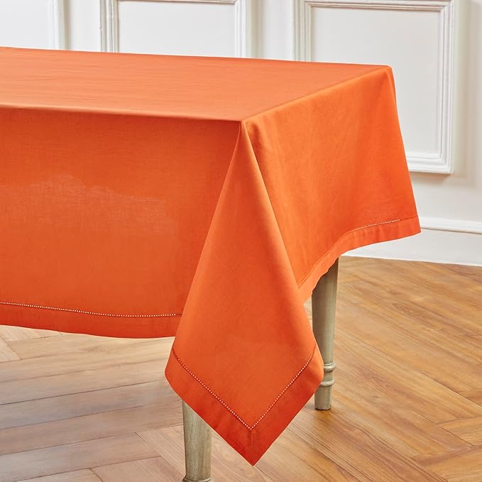 Solino Home Cotton Linen Tablecloth 58 x 120 Inch - Hemstitch Burnt Orange Table Cloth for Rectangle Tables - Machine Washable Tablecloth