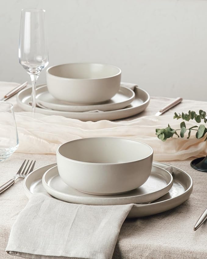 Famiware Milkyway Plates and Bowls Sets, 12 Pieces Dinnerware Sets, Reactive Glaze Dish Set, Stoneware Dishes Set for 4, Matte Beige White