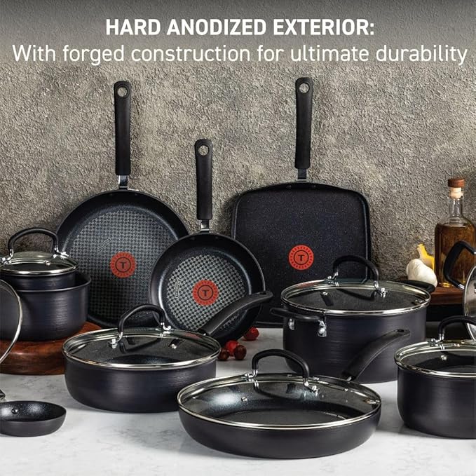 T-Fal Ultimate Hard Anodized Nonstick Cookware Set 17 Piece, Nonstick Pots and Pans Set with Fry Pan, Saucepans, Saute-Pan, Griddle, Dishwasher Safe, Black