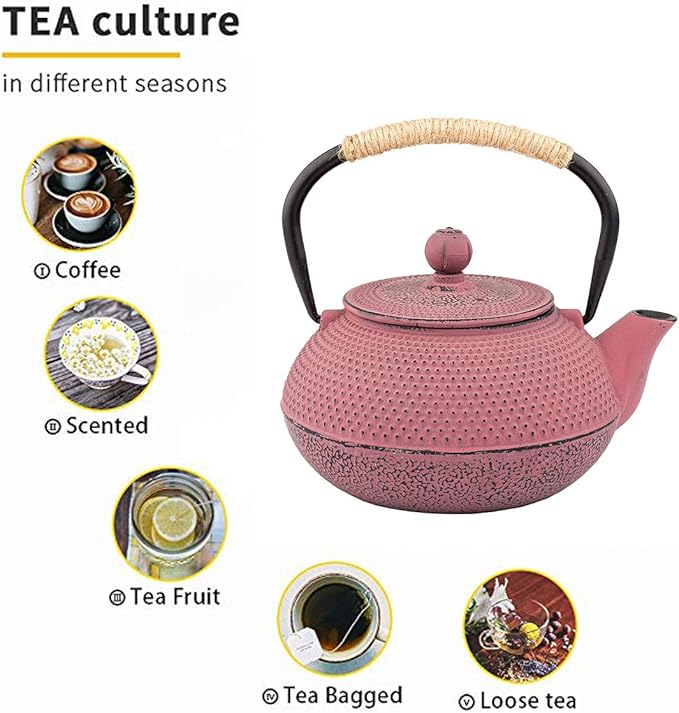 Tea Kettle, Japanese Cast Iron Teapot with Stainless Steel Infuser, Cast Iron Tea Kettle, Durable Cast Iron Teapot Coated with Enameled Interior (Pink Hobnail pattern，900ml/30.4oz)