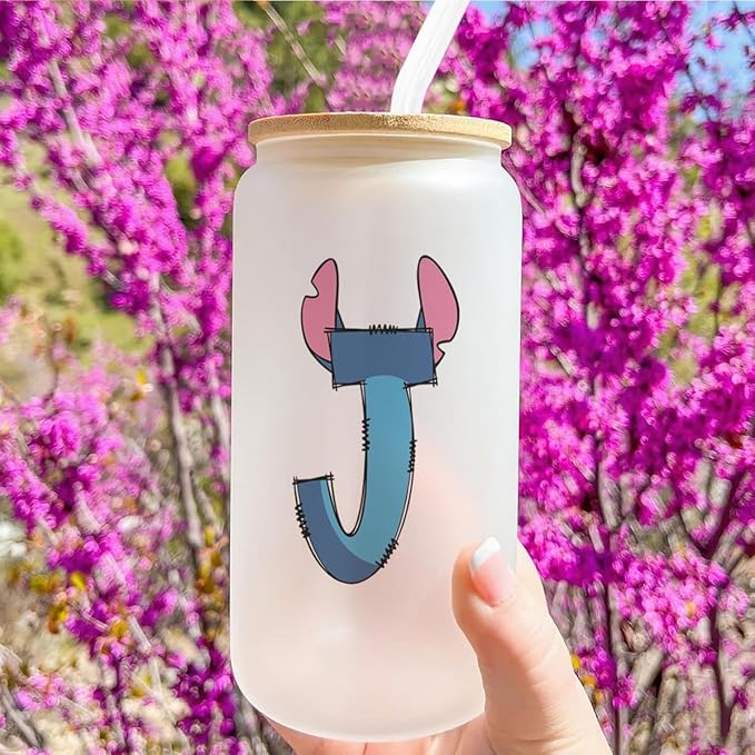 Cute Cartoon Lover Gifts Initial A-Z Personalized Iced Coffee Cup Cartoon Merch 16oz Glass Cup with Lid and Straws Birthday Christmas Gifts for Women Teen Girls Fans (Letter J)