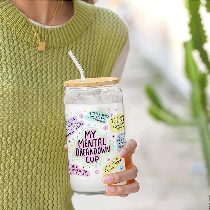 Positive Mental Health Gifts - My Mental Breakdown Cup Glass Cup with Lids and Straws 14oz, Inspirational Daily Affirmations for Women, Glass Coffee Tumbler Drinking Jars with Cleaning Brush