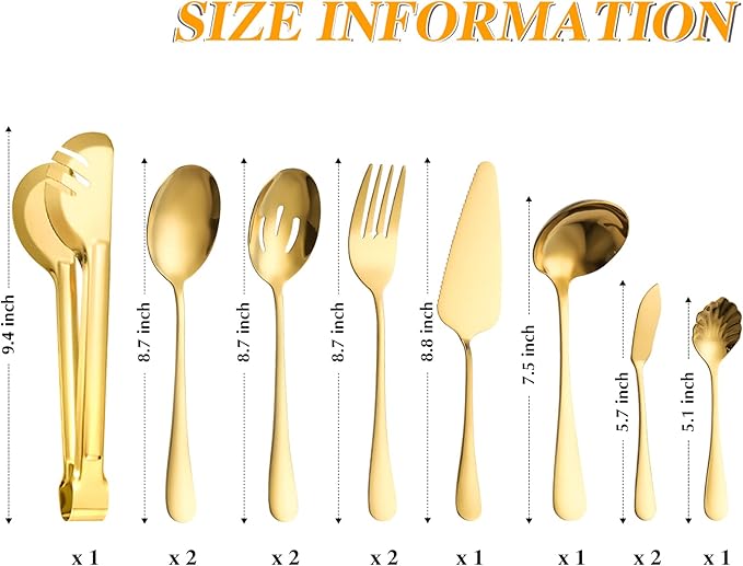 Serving Utensils Fine Include Large Serving Spoons Slotted Serving Spoons Serving Forks Serving Tongs Soup Ladle and Pie Server Buffet Catering Serving Utensils for Dishwasher Safe (Gold, 12)