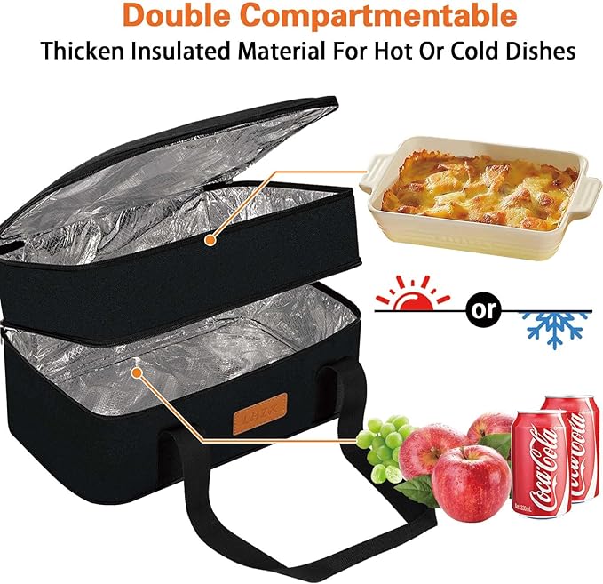 LHZK Double Insulated Casserole Carrier, Expandable Casserole Carriers for Hot or Cold Food, Insulated Food Carrier for Travel, Parties, Picnic, Fits 11 x 15 or 9 x 13 Baking Dish(Black)