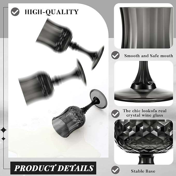 Pinkunn 6 Pcs 7 oz Plastic Vintage Wine Glasses Reusable Colored Goblets Patterned Drinking Water Glasses Cup Dishwasher Safe for Christmas Wedding Reception Party Supplies (Black)