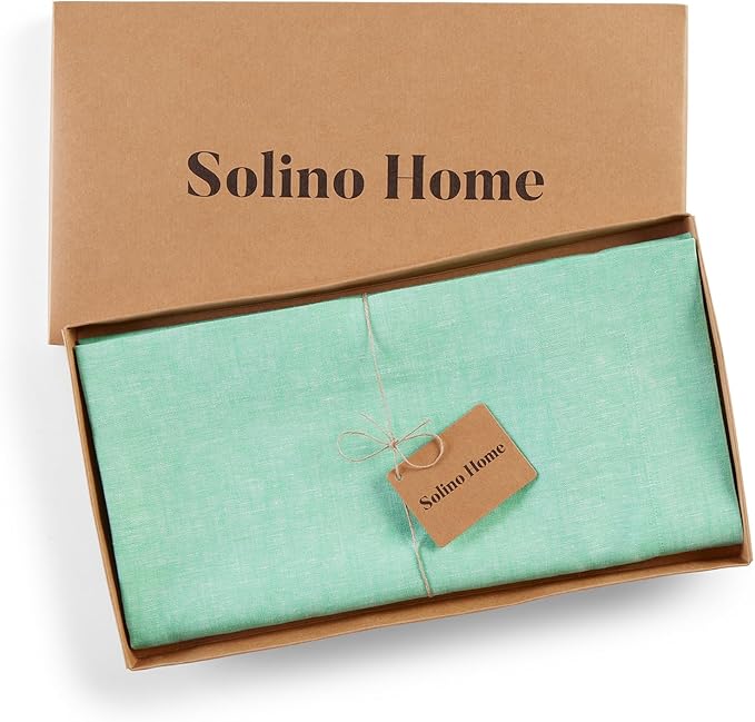 Solino Home Linen Cloth Tablecloth 52 x 52 Inch - 100% Pure Linen Chambray Aqua Square Tablecloth - Athena, Machine Washable Table Throw