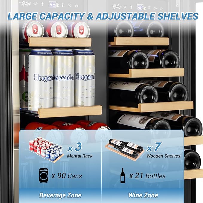 Wine and Beverage Refrigerator Under Counter, 24 Inch Beverage Fridge Dual Zone with Glass Door, Built In Beverage Cooler with Increase Capacity Space, Advanced Cooling System
