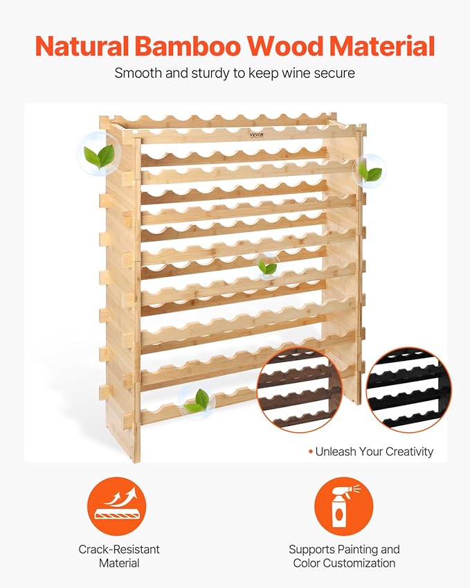 VEVOR 8-Tier 72 Bottles Stackable Modular Wine Rack, Freestanding Wines Holder Display Shelf, Solid Bamboo Wood Storage Racks, Wobble-Free Shelves for Kitchens, Dining Rooms, Cellars, Natural Color
