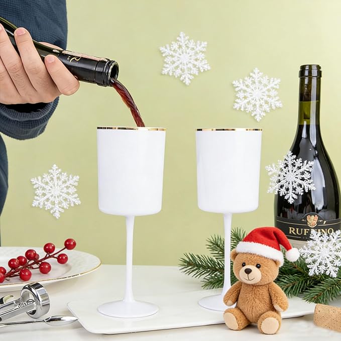 Ciaell 12 Pack White Plastic Wine Glasses with Stem - 10 Oz White and Gold Disposable Wine Glasses for Parties & Christmas & Weddings & Poolside & Toasting & Outdoors & New Year