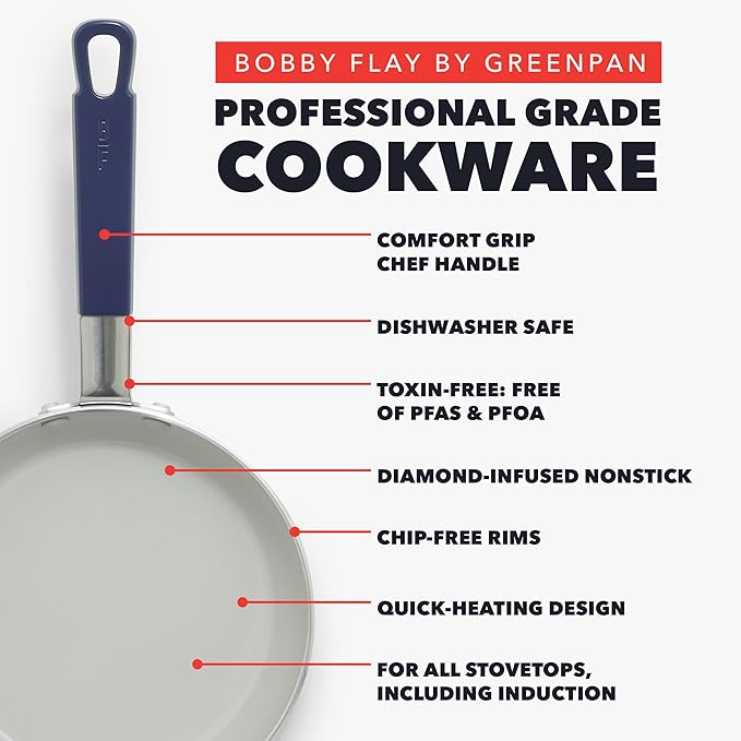 GreenPan x Bobby Flay 2 Piece- 8” and 10” Nonstick Frying Pan Skillet Set, PFAS-Free Diamond Ceramic, Induction Suitable, Stay-Cool Silicone Handle, Easy Clean Dishwasher & Oven Safe, Oxford Blue