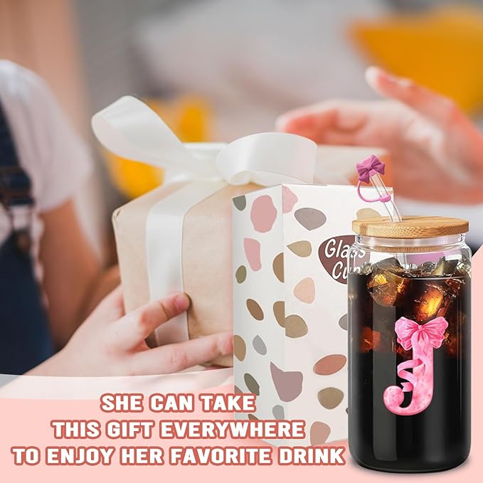Aesthetic Gifts for Women, Initial J Tumbler 16oz Pink Glass Cup with Lid Straw - Cute Coffee Bar Accessories with Cleaning Brush & Gift Box (J)