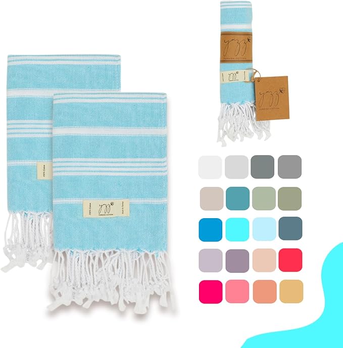 Hand Towels - Set of 2, 18" x 30" inches, Decorative Peshtemal Cotton Hand Towels for Kitchen, Bath, Guest, Face, Hair, Gym, Yoga, Dishcloth, Travel (Turquoise)