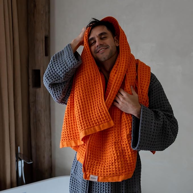 Luxury Organic Japanese Cotton Waffle Bath Towel | Thick, Absorbent, Quick Dry Bathroom Towels for Shower, Sauna, Onsen| Hotel & Spa Quality, Gift-Ready (Coral Orange, Face Towel (6 Pack))