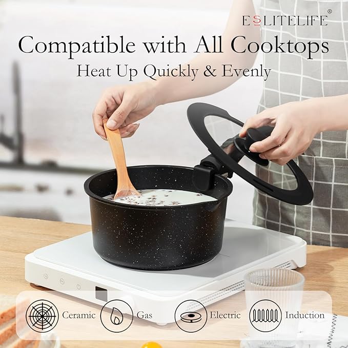 ESLITE LIFE Nonstick Cookware Sets with Detachable Handle,Ceramic Coating Pots and Pans Set Kitchen Cooking Set, Compatible with All Stovetops, PTFE & PFOA Free, Black, 10 Pcs Set