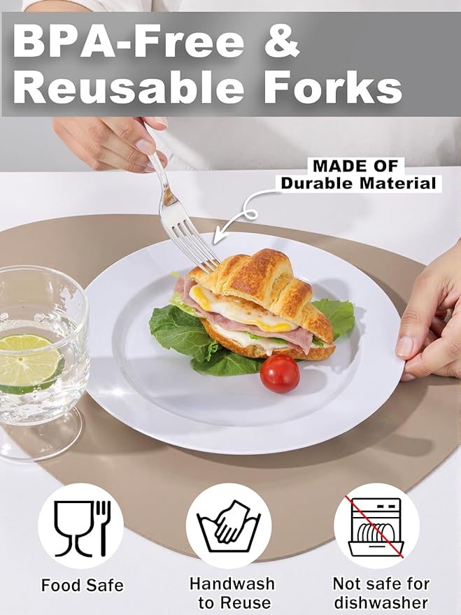 WDF 100 Piece Silver Plastic Forks - 7.4inch Silver Forks Disposable - Plastic Silverware for Dessert Cake - Heavy Duty Plastic Cutlery for Christmas Party or Daily Using