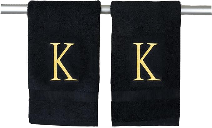 Black Monogrammed Hand Towels for Bathroom - Black and Gold Luxury Hotel Quality Personalized Initial Decorative Embroidered for Powder Room, Spa-GOTS Organic Certified - Pack of 2, Letter K