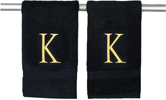 Black Monogrammed Hand Towels for Bathroom - Black and Gold Luxury Hotel Quality Personalized Initial Decorative Embroidered for Powder Room, Spa-GOTS Organic Certified - Pack of 2, Letter K