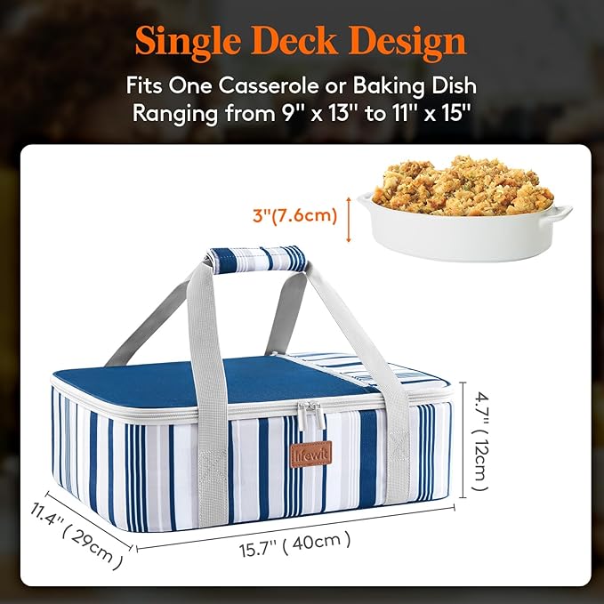 Lifewit Insulated Casserole Carrier for Hot or Cold Food, Casserole Dish Carrying Case, Lasagna Holder for Potluck Parties Picnic Cookouts, Fits 9"x13" Baking Dish, Blue