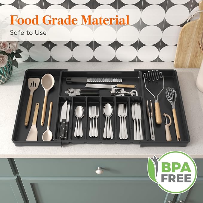 Lifewit Silverware Drawer Organizer, Expandable from 18.7 to 33 inches, Adjustable Utensil Tray for Kitchen, Large Cutlery Holder, Plastic Flatware Storage for Spoons Forks Knives, Black