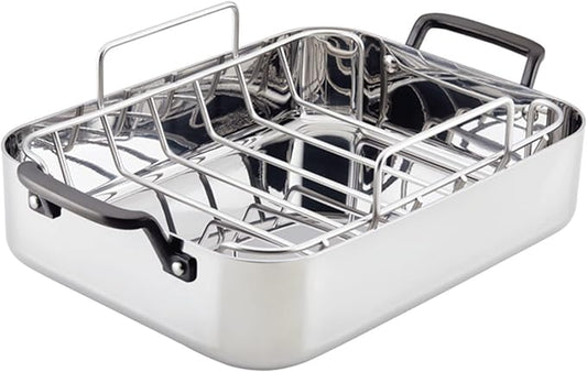 KitchenAid 5-Ply Clad Stainless Steel Roasting Pan/Roaster with Removable Rack, 15 Inch x 11.5 Inch - Polished Stainless Steel