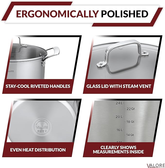 Valore 24 qt Stainless Steel Stock Pot with Lid & Canning Rack - 5-ply Soup Pot with Brushed Stainless Finish & Riveted Handles