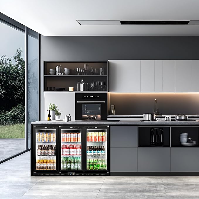 Tylza Back Bar Cooler With 3 Glass Doors, 312L Under Counter Back Bar Refrigerator with LED Lighting, Safety Locks, Counter Height Bar Beverage Cooler for Beer, Soda Drinks, Wine, Black