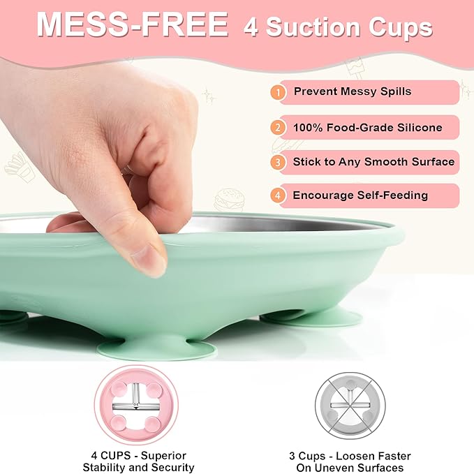 Bella's Friends Stainless Steel Kids Plates 8" Suction Plate for Baby,3 Packs Non-Toxic Divided Toddler Plates,Food-Grade Silicone Plate for Baby,Dishwasher Safe,grey,blue,dark blue