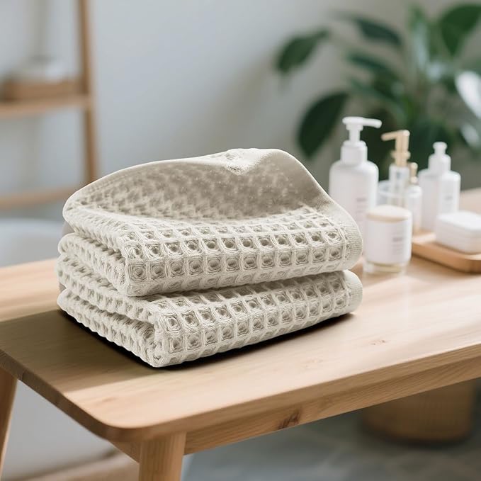 Jacquotha Waffle Hand Towels 2-Piece (Mist White) – Cotton, Quick Dry, Lint Free, 13” x 29”