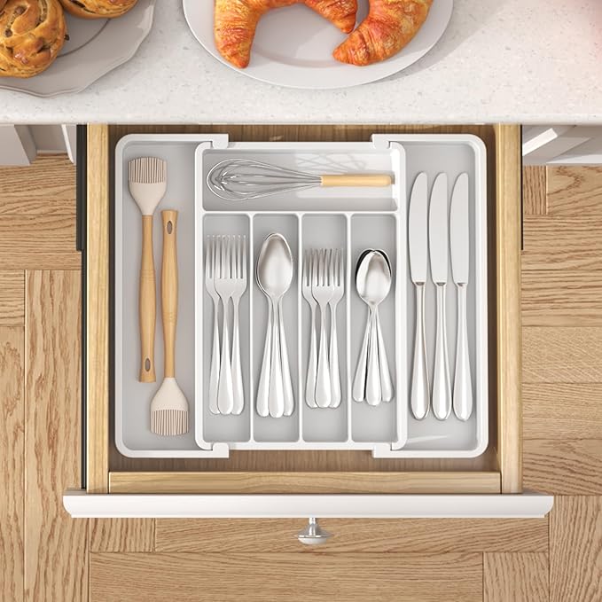 Lifewit Silverware Drawer Organizer, Expandable Utensil Tray for Kitchen, BPA Free Flatware and Cutlery Holder, Adjustable Plastic Storage for Spoons Forks Knives, 8.5"-14.1" x 12.1", White