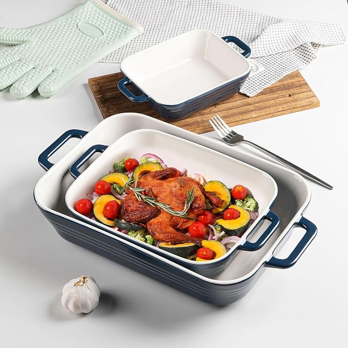 Sweejar Relief Casserole Dishes for Oven, Ceramic 9x13 Baking Pans Set for Cooking, Cake, Banquet and Daily Use, Rectangular Bakeware Set, Porcelain Baking Dish, Lasagna Pan Deep with Handles(Navy)