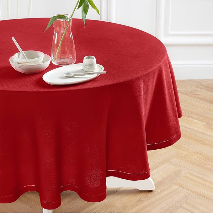 Solino Home Linen 60 Inch Round Tablecloth - 100% Pure Linen Red Round Tablecloth - Machine Washable Table Cloth for Valentines, Holiday, Winter, New Year - Sonoma Hemstitch