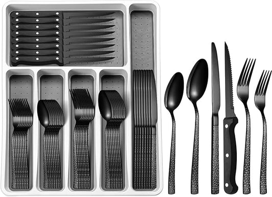 49Pcs Silverware Set with Organizer, Silver Stainless Steel Flatware Set for 8 Cutlery Utensil Sets with Steak Knives, Spoons and Forks Set, Dishwasher Safe
