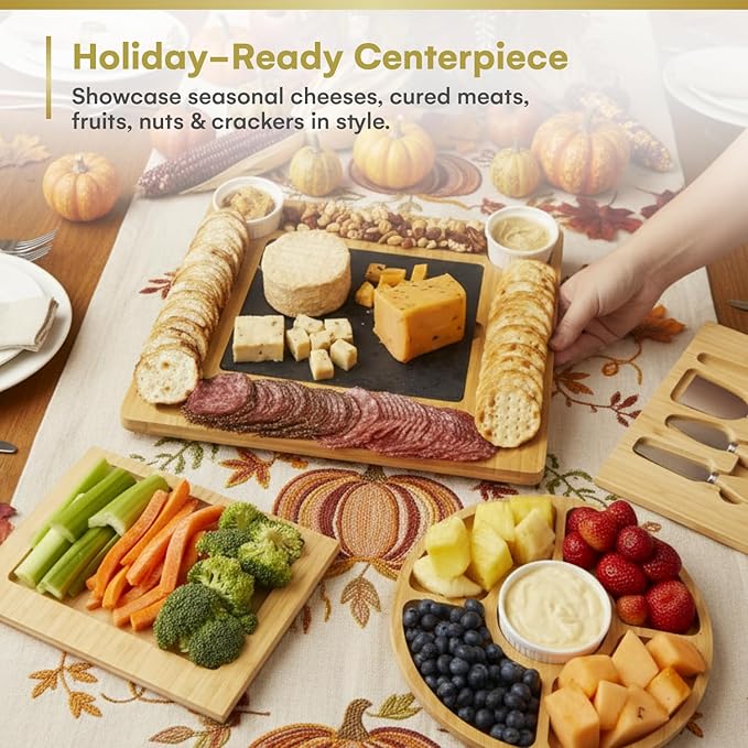 Charcuterie Board Gift Set, Expandable Bamboo Cheese Board with Stainless Steel Serving Utensils, Ceramic Bowls, Appetizer and Serving Trays, Utensil Trays - Housewarming 2 Drawers