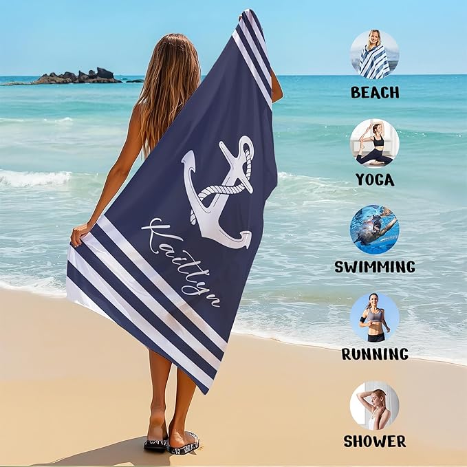 JML Personalized Beach Towel with Name, Custom Anchor Beach Towel, Customized Microfiber Pool Towel, Quick Dry & Absorbent Swim Towel for Adult,Anniversary, Birthday, Summer Holiday,Vacation