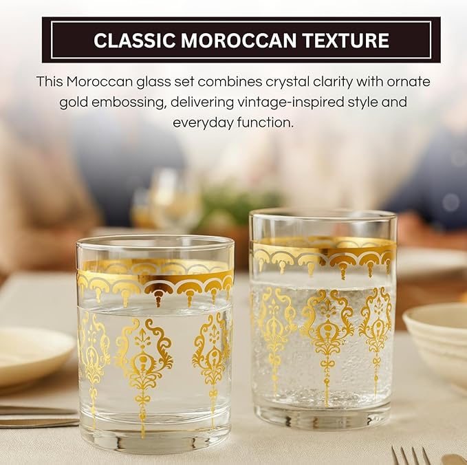 Khen Clear Moroccan Tumbler Glassware | Set of 2 | Gold Ornate Vintage Decorative Drinking Cups, Retro Bohemian Pattern Barware for Water, Whiskey, Cocktail, Iced Tea, Durable Embossed Home Drinkware