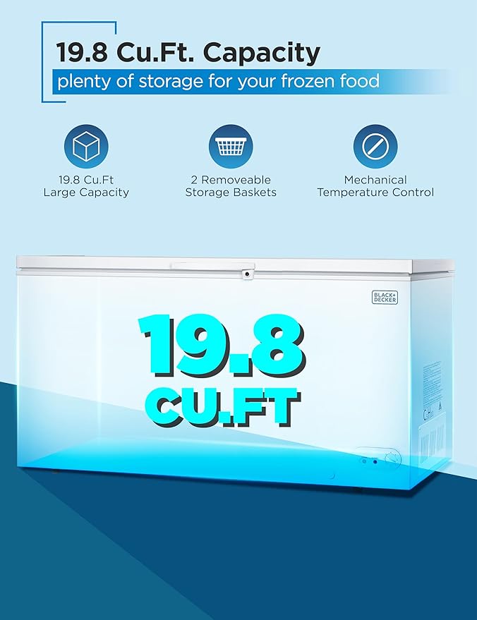 BLACK+DECKER 19.8 Cu. Ft. Chest Freezer, Deep Freezer with Top Opening, Freezer Chest with 4 Removable Storage Baskets, Mechanical Temperature Control, Manual Defrost, R600a Refrigerant,BCF1980E,White