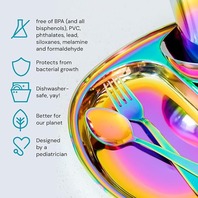 Ahimsa Stainless Steel Kids Utensils, Pediatrician Designed, Colorful Silverware for Kids & Toddlers, Non Toxic, Dishwasher Safe, Rainbow Fork and Spoon Set