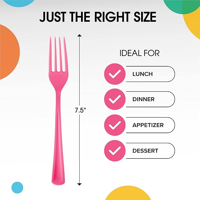 Party Solids Hot Pink Disposable Plastic Forks, 200 Pcs, 7.5 Inch, Heavy Duty, Hot Pink, Plastic Silverware