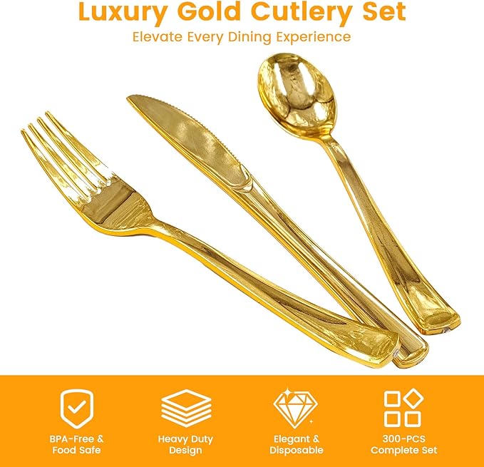 300PCS GzfunTeng Gold Plastic Silverware, Heavy Duty Disposable Cutlery Set Includes 100 Forks, 100 Knives, 100 Spoons for Party, Wedding and Daily Use (300 Pieces, Gold)