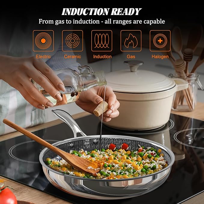 10" Hybrid Ceramic Nonstick Frying Pan, 3-Ply Stainless Steel Skillet, 2-Layer Coating, PFAS & PTFE Free, 9H Hardness & Corrosion Resistance, Dishwasher Safe, Induction Compatible-Black